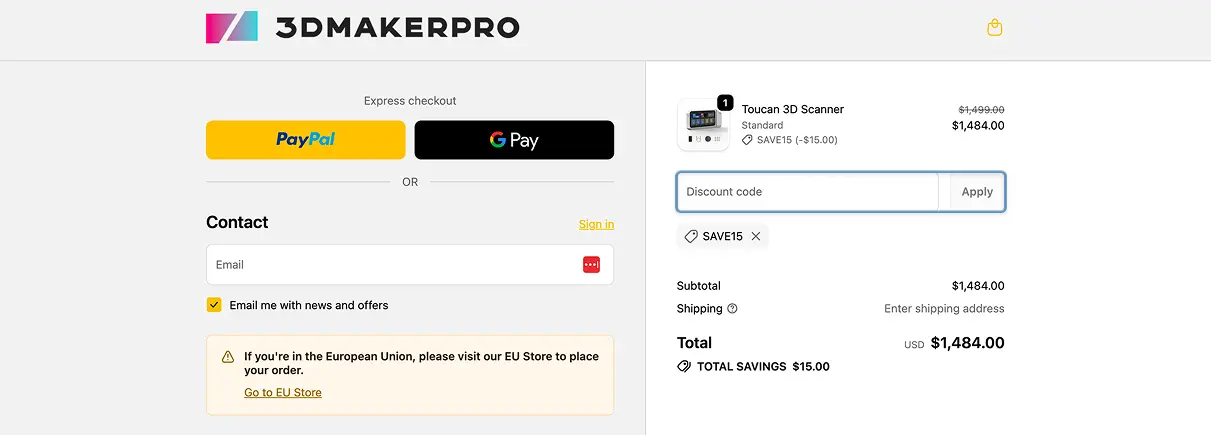 3DMakerpro checkout showing the Discount code field in the order summary below the product line and above Subtotal