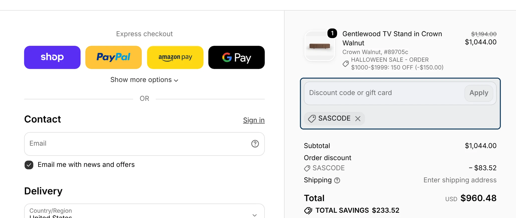 Acanva checkout order summary with the Discount code or gift card field highlighted and an applied code listed below it
