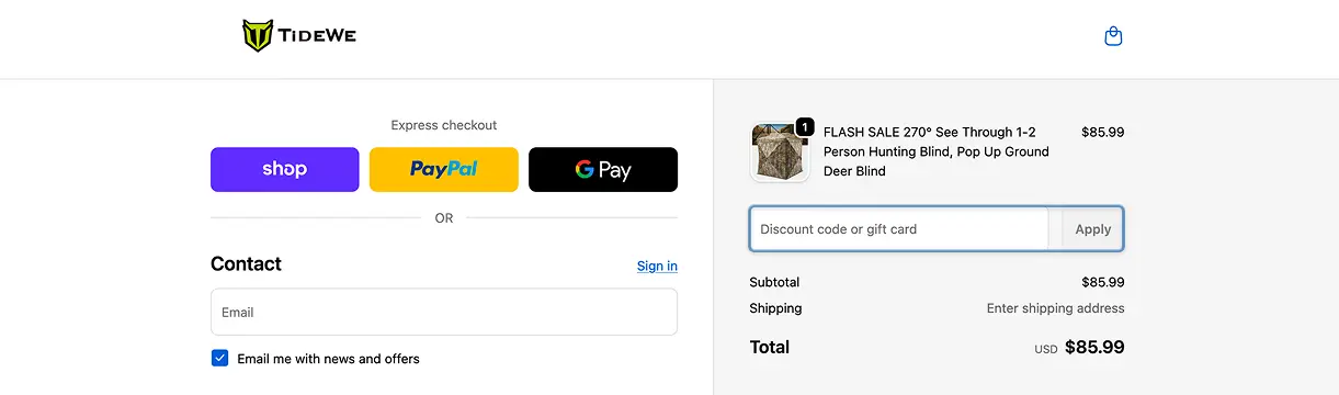 TideWe checkout showing the “Discount code or gift card” field in the order summary next to the Apply button