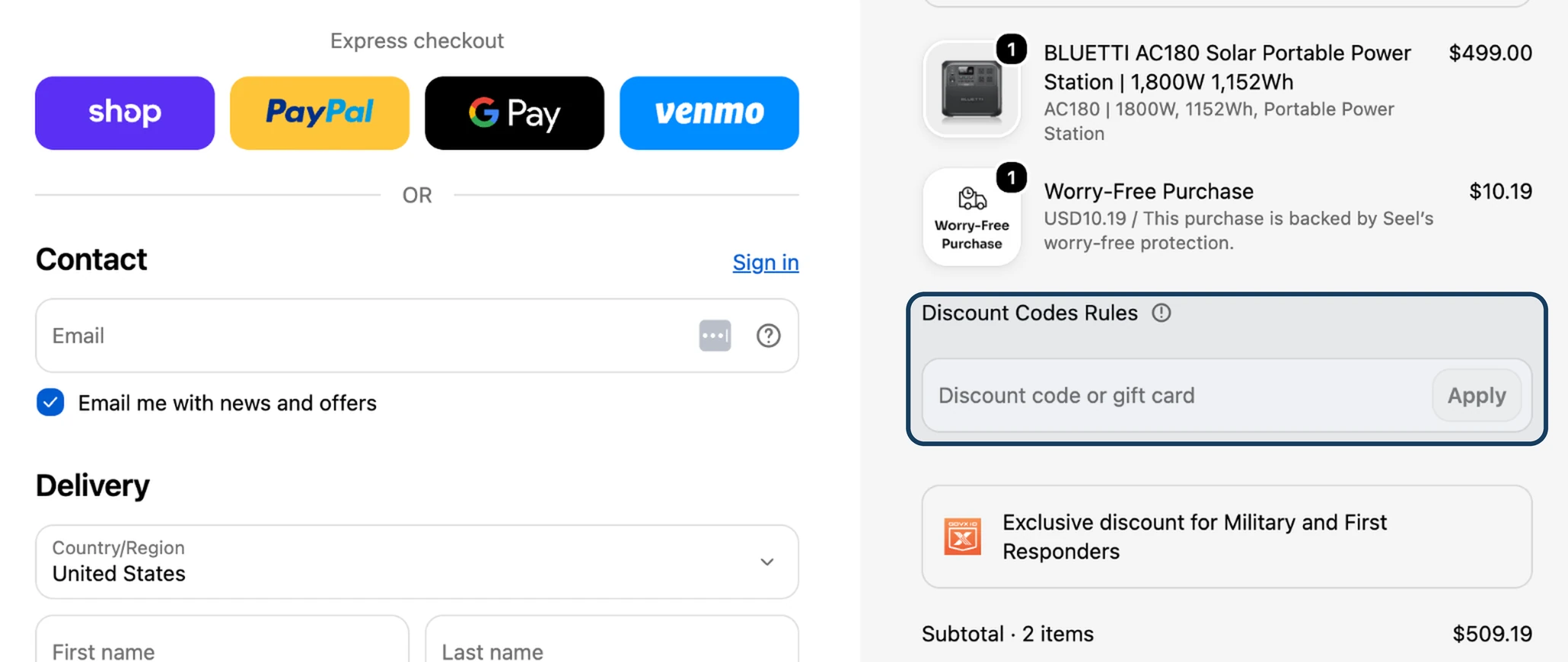 Bluetti checkout with the Discount Codes Rules link and the Discount code or gift card field highlighted under an AC180