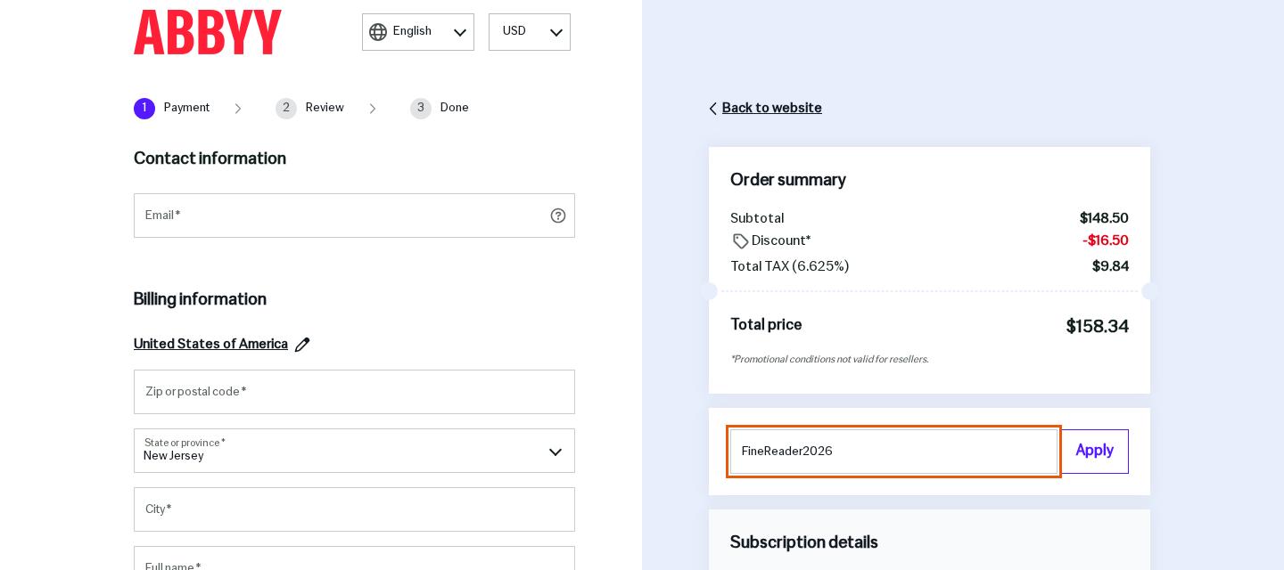 Abbyy checkout on Oct 15, 2026 showing the discount applied