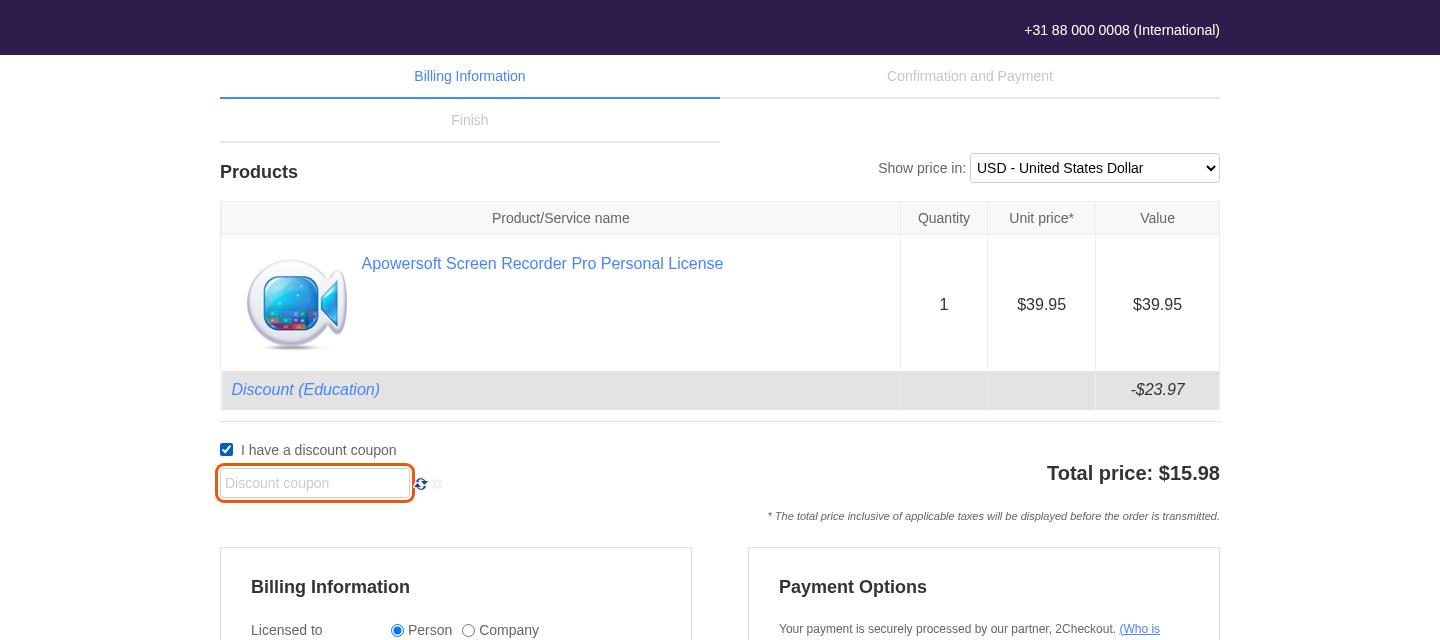 Apowersoft checkout on Oct 2, 2026 showing the discount applied