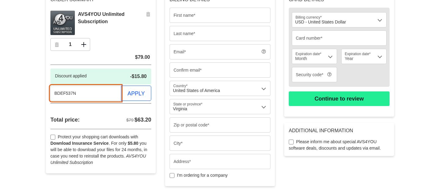 AVS4You checkout on Oct 11, 2026 showing the discount applied