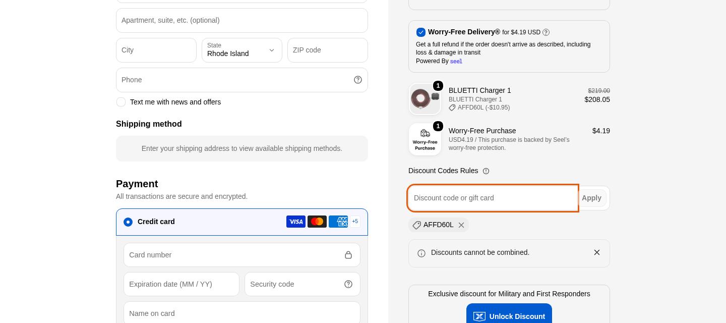 Bluetti checkout on Oct 29, 2026 showing a $10.95 discount applied