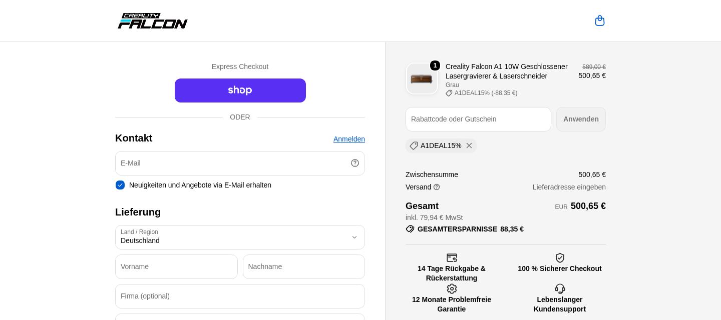 Creality Falcon checkout proof from Oct 8, 2026