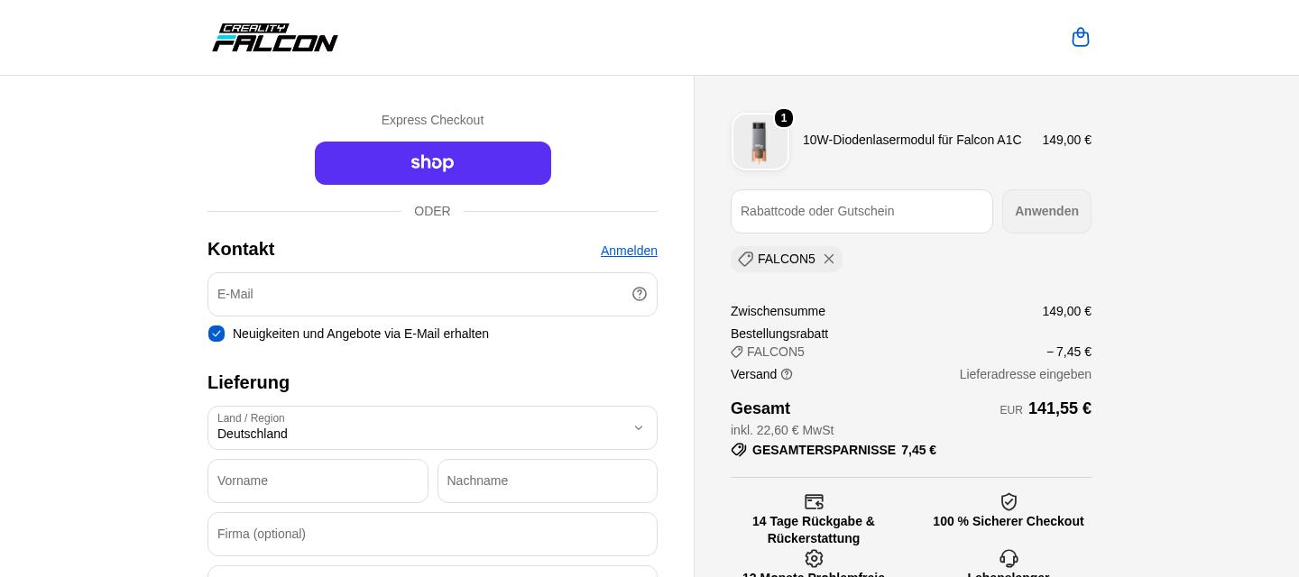 Creality Falcon checkout proof from Oct 9, 2026