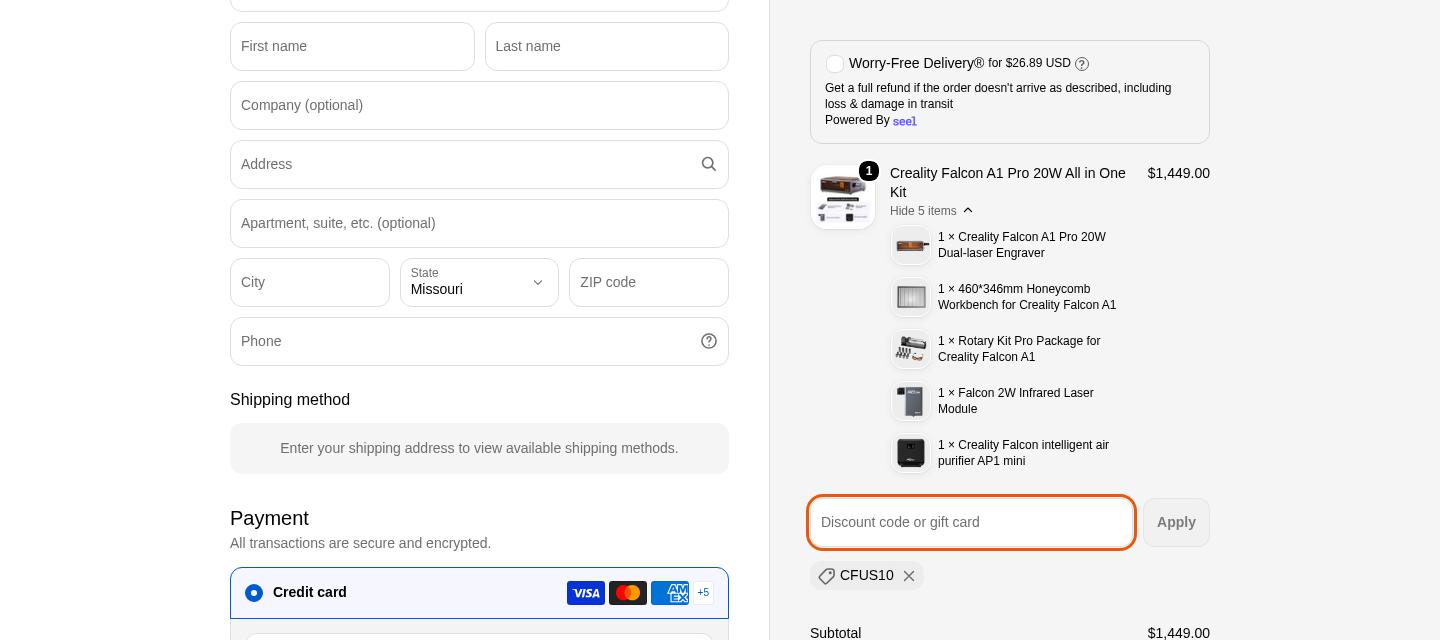 Creality Falcon checkout proof from Oct 10, 2026