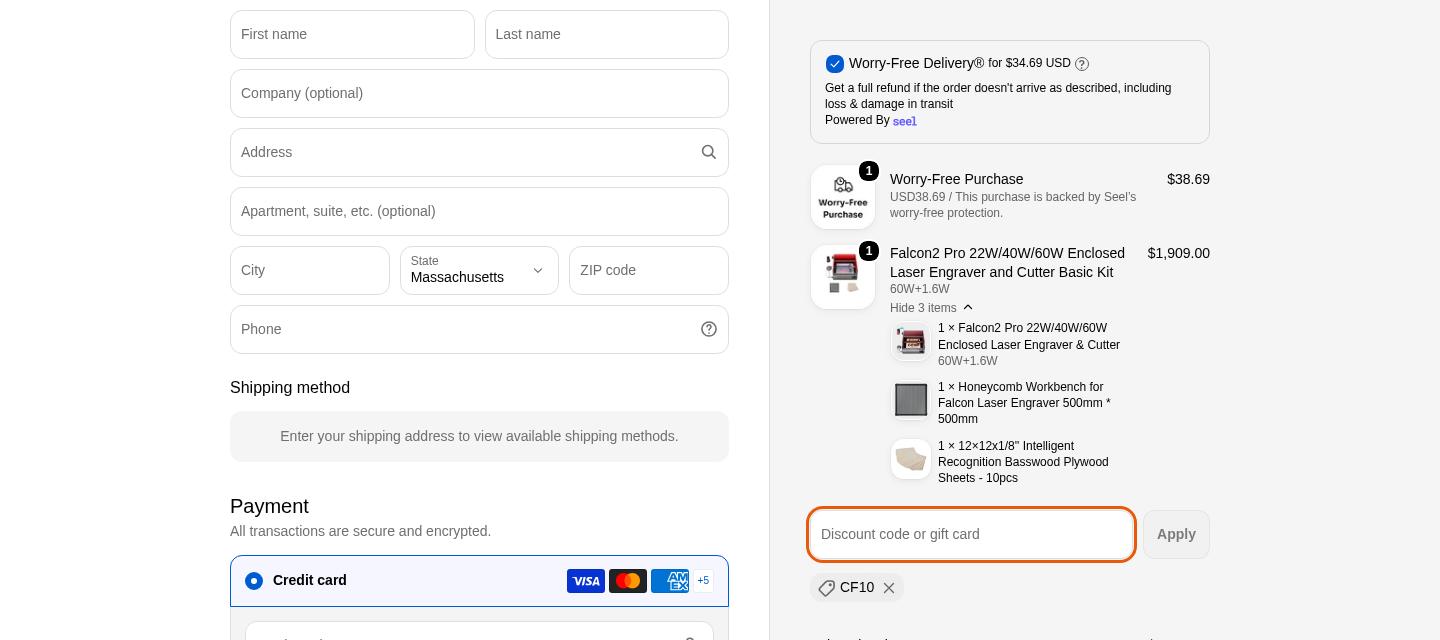 Creality Falcon checkout proof from Oct 10, 2026
