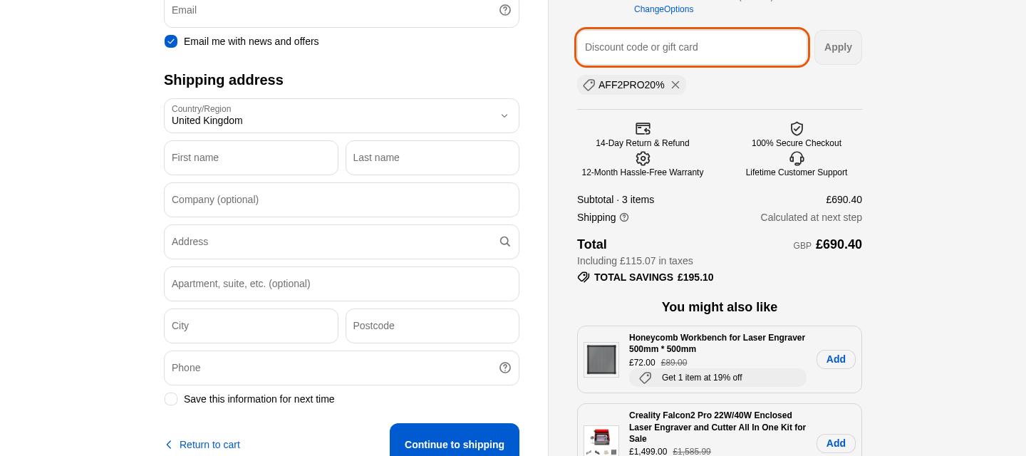Creality Falcon checkout proof from Oct 11, 2026
