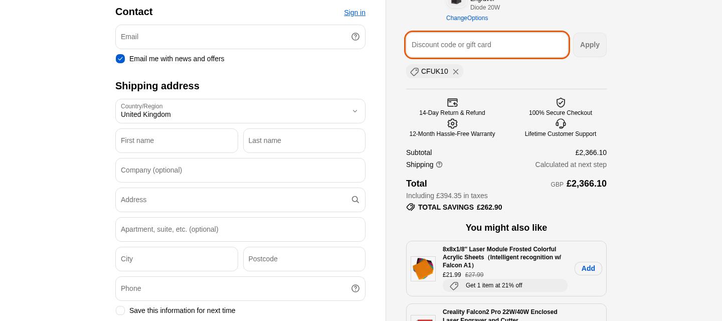 Creality Falcon checkout proof from Oct 12, 2026