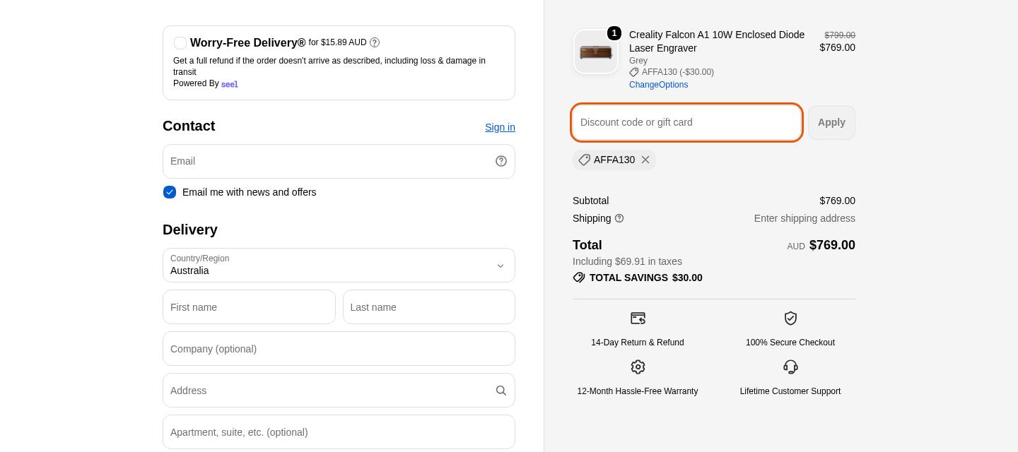 Creality Falcon checkout on Oct 12, 2026 showing a $30.00 discount applied