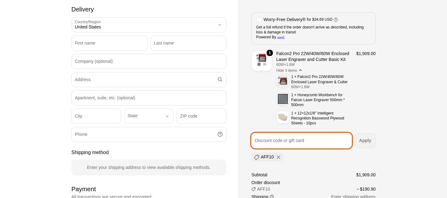 Creality Falcon checkout proof from Oct 12, 2026