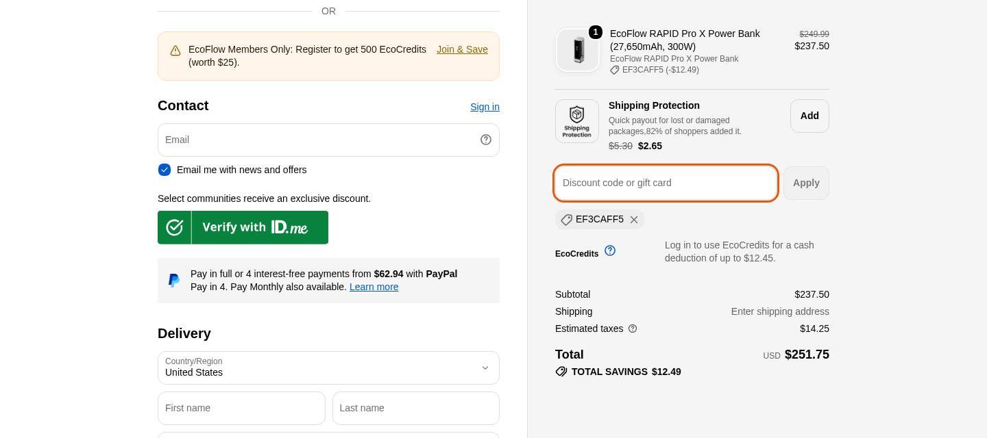 EcoFlow checkout proof from Oct 11, 2026
