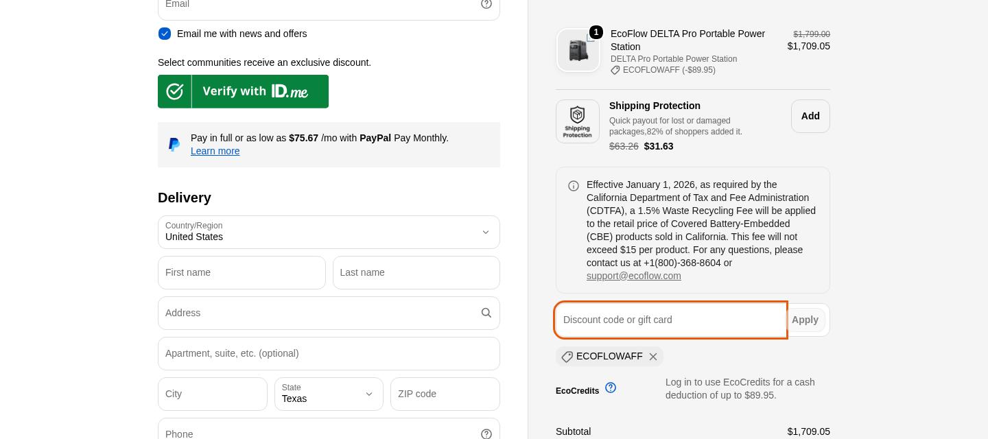 EcoFlow checkout proof from Oct 17, 2026