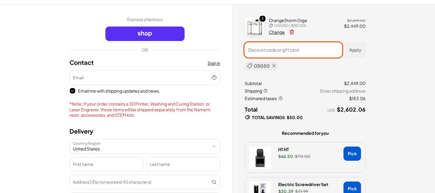 ELEGOO checkout on Oct 10, 2026 showing a $50.00 discount applied