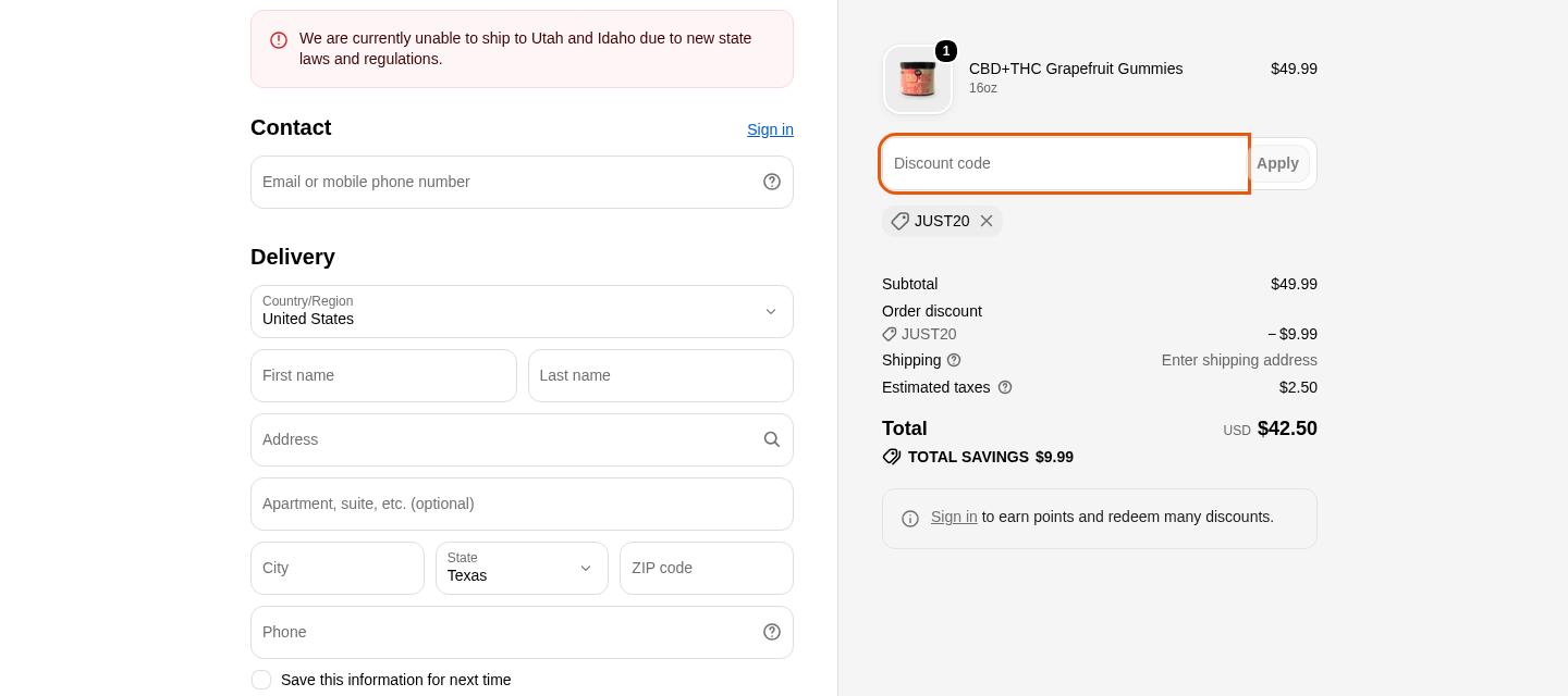 JustCBD checkout on Oct 13, 2026 showing a $9.99 discount applied