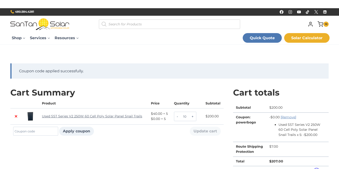 Checkout proof for Santan Solar code powerbogo verified on April 6, 2026