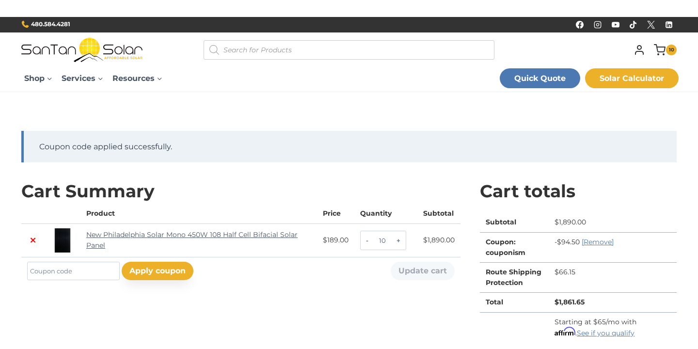 Checkout proof for Santan Solar code couponism verified on May 17, 2026