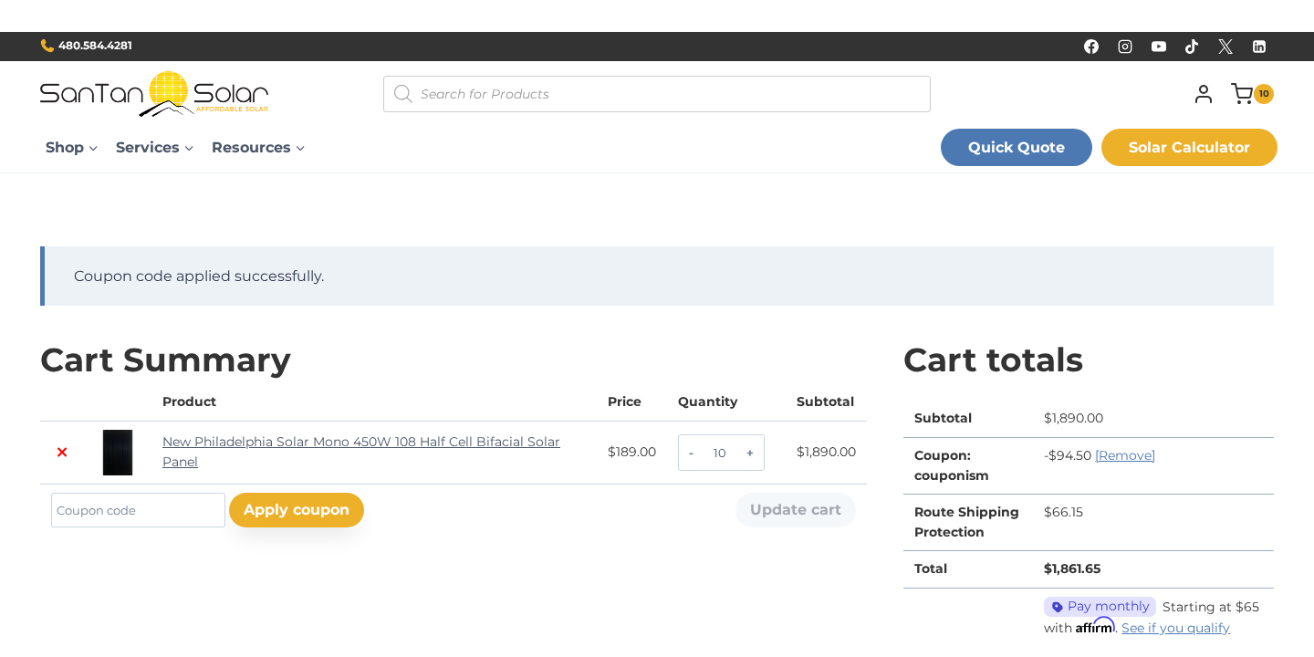 Checkout proof for Santan Solar code couponism verified on May 20, 2026