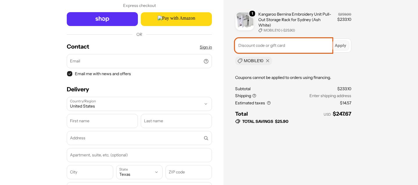 Sewing Machines Plus checkout on Oct 23, 2026 showing a $25.90 discount applied