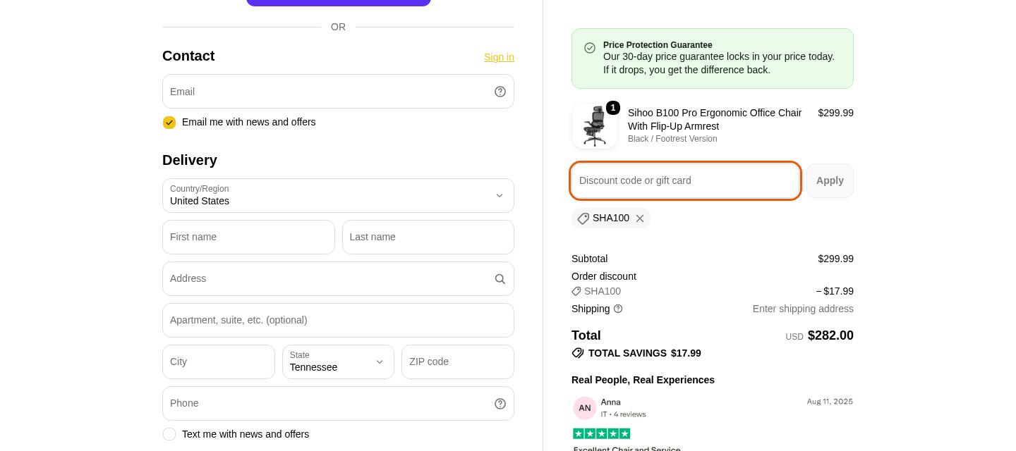 Sihoo checkout on Oct 10, 2026 showing a $17.99 discount applied
