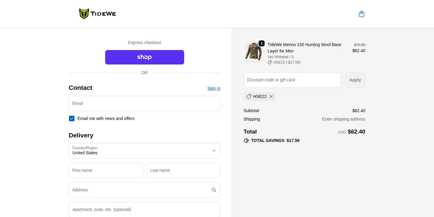 Checkout proof for TideWe code HSE22 verified on April 8, 2026