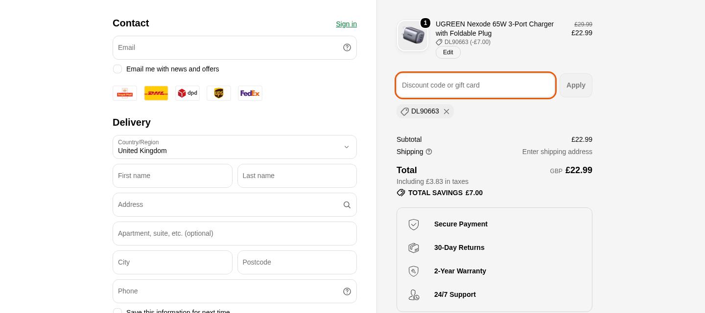 Ugreen checkout on Oct 2, 2026 showing a £7.00 discount applied