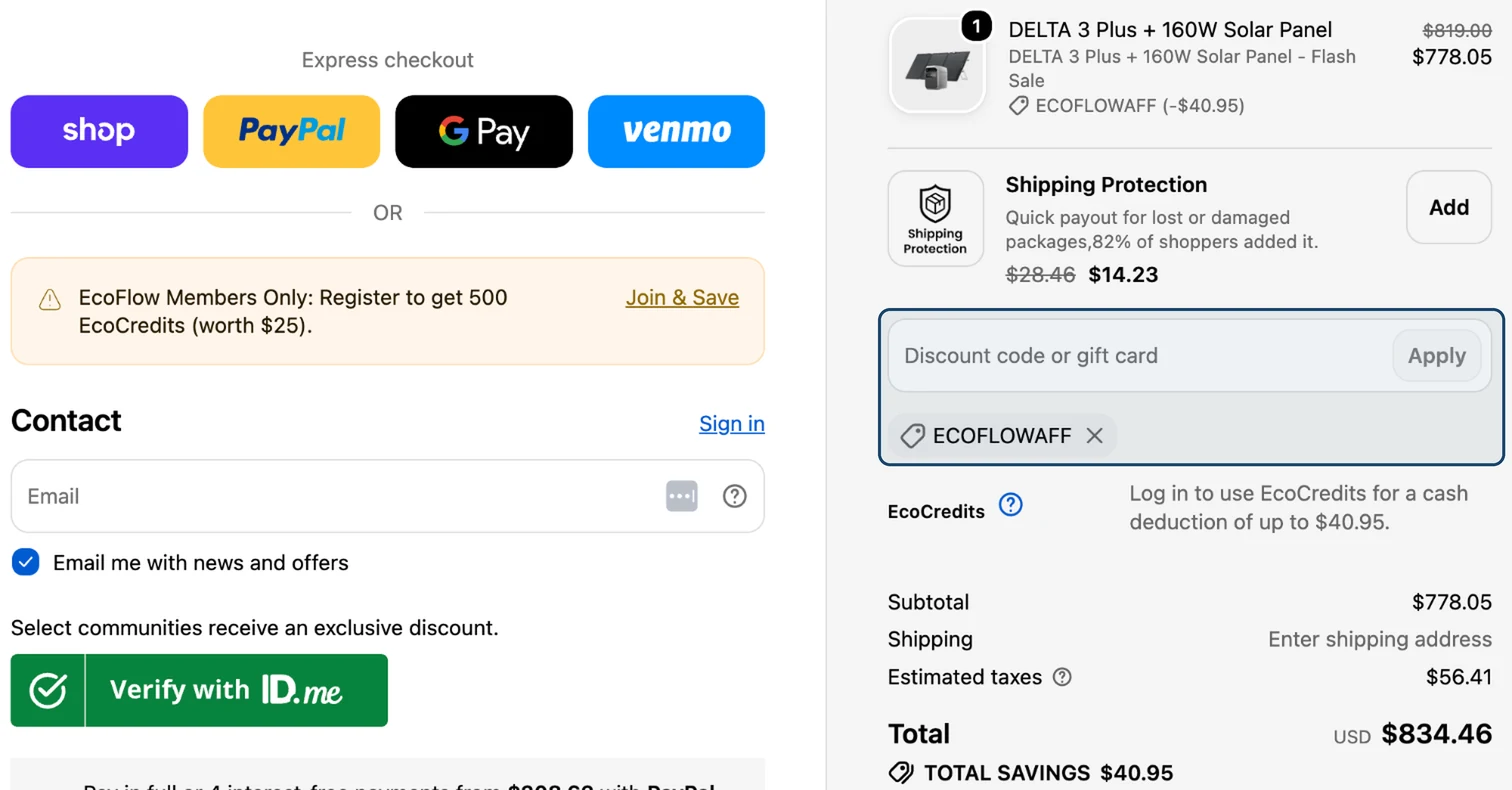 EcoFlow checkout with the Discount code or gift card box and a coupon applied to a DELTA 3 Plus bundle