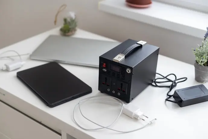 Portable power station on a desk with laptop and tablet.