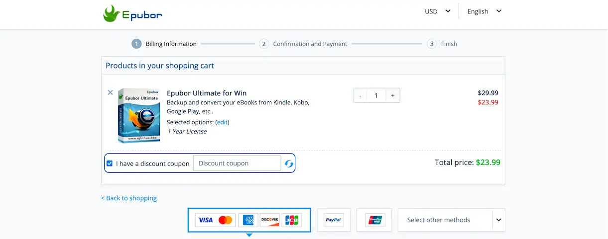 Epubor coupon code box in the cart summary where you enter a discount code before checkout