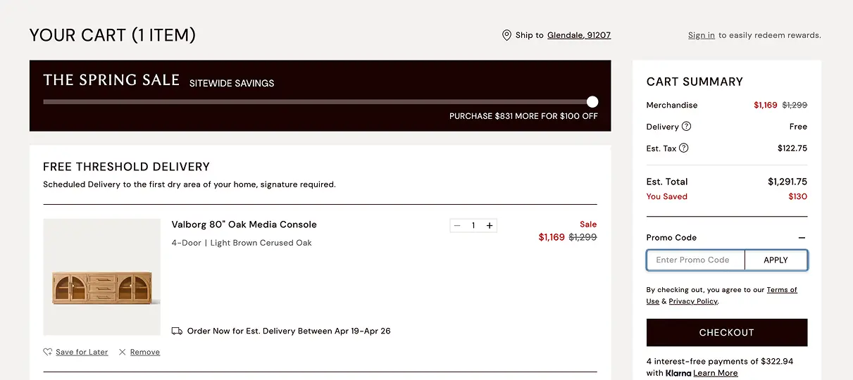 HERNEST checkout with the promo code field hidden inside the order summary
