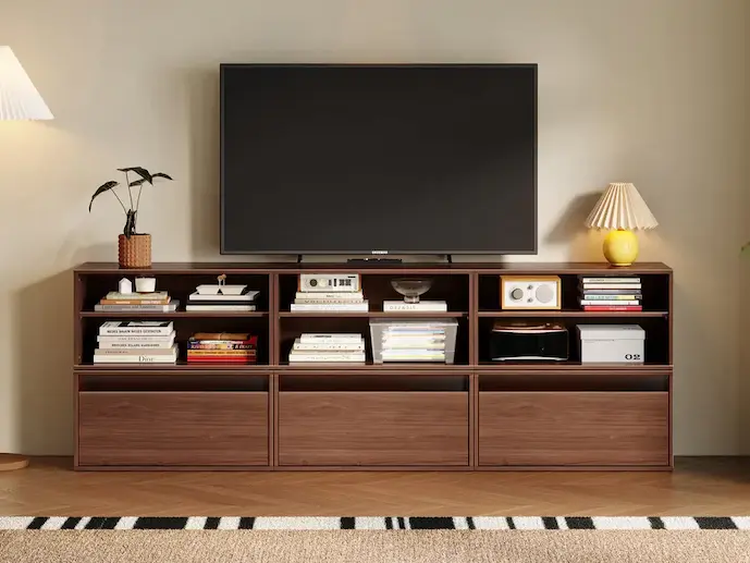 Linsy Home CABIK modular TV console with open shelves and three drawers