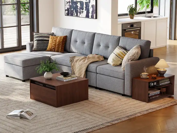 Linsy Home CABIK side cabinet paired with a sectional, a small add-on to include when testing a discount at checkout