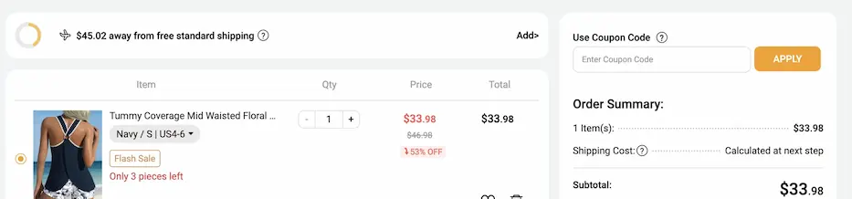 Modlily Bag page showing the Use Coupon Code box and orange Apply button above the Order Summary.