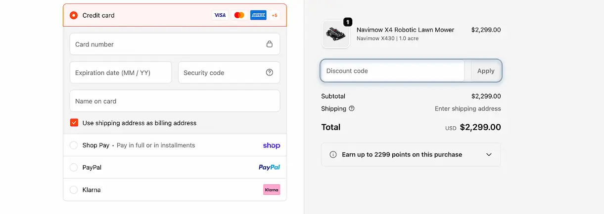 Navimow promo code box at checkout