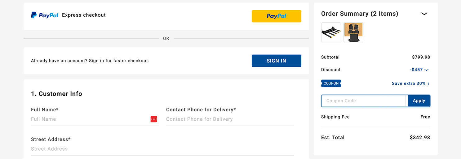 OEDRO checkout showing the Coupon Code box in the right-side Order Summary
