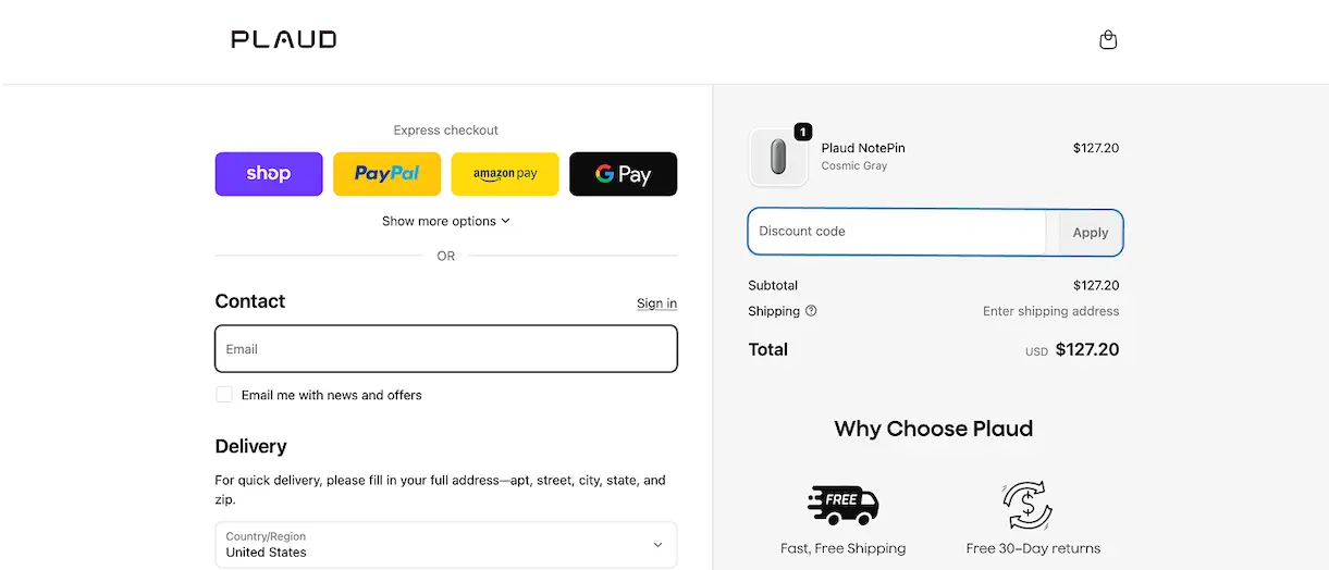 PLAUD checkout showing where to apply a promo code
