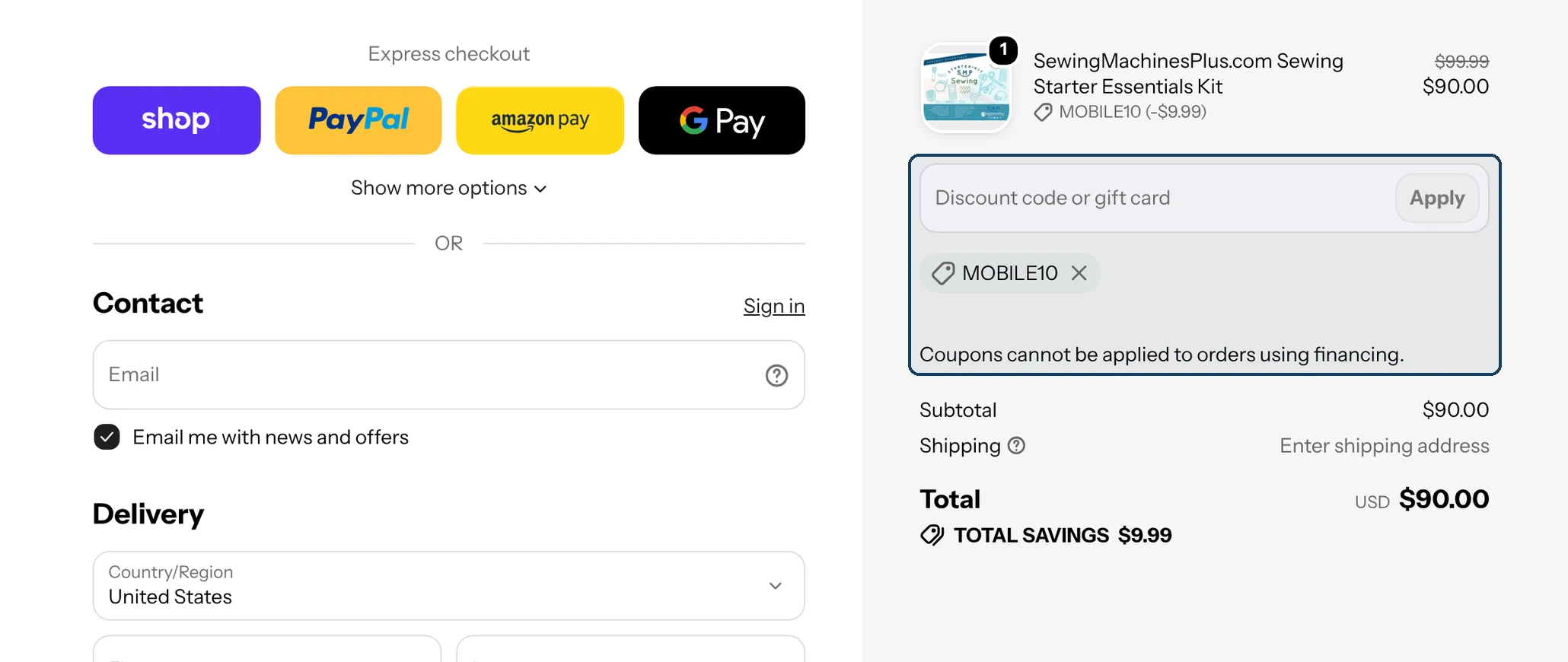 Sewing Machines Plus checkout with the Discount code or gift card box highlighted, an applied code and the financing notice below it