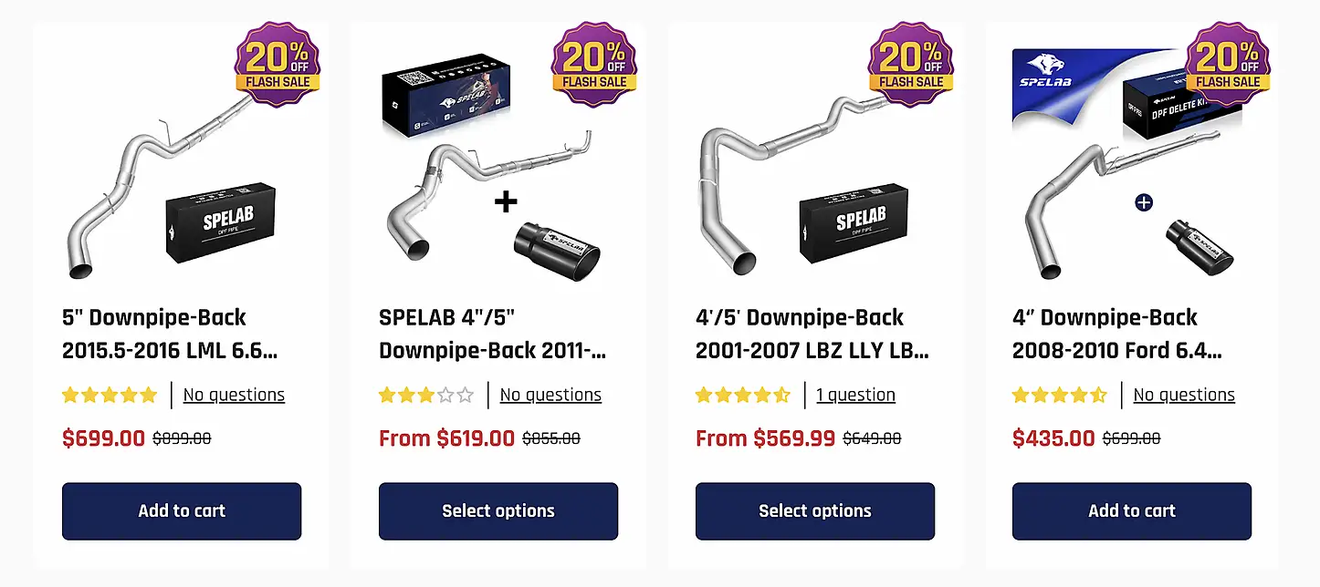 SPELAB clearance grid showing flash sale discounts on downpipe-back kits.