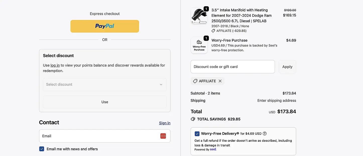 SPELAB checkout showing the “Discount code or gift card” box and Apply button.