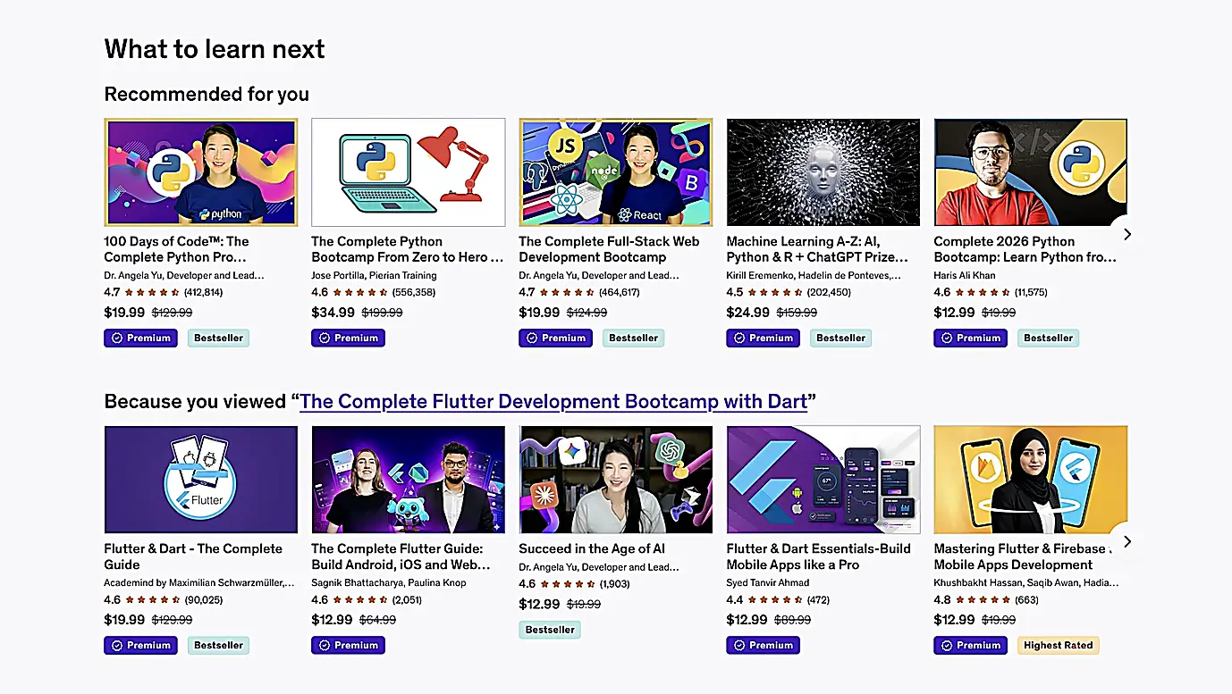 Discounted Udemy course prices in the recommendations grid.