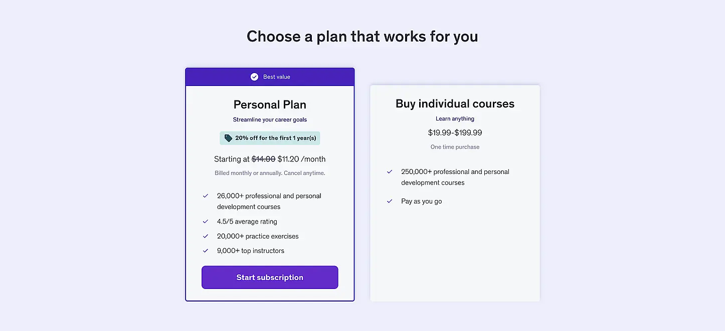 Udemy plan comparison showing Personal Plan versus buying individual courses.
