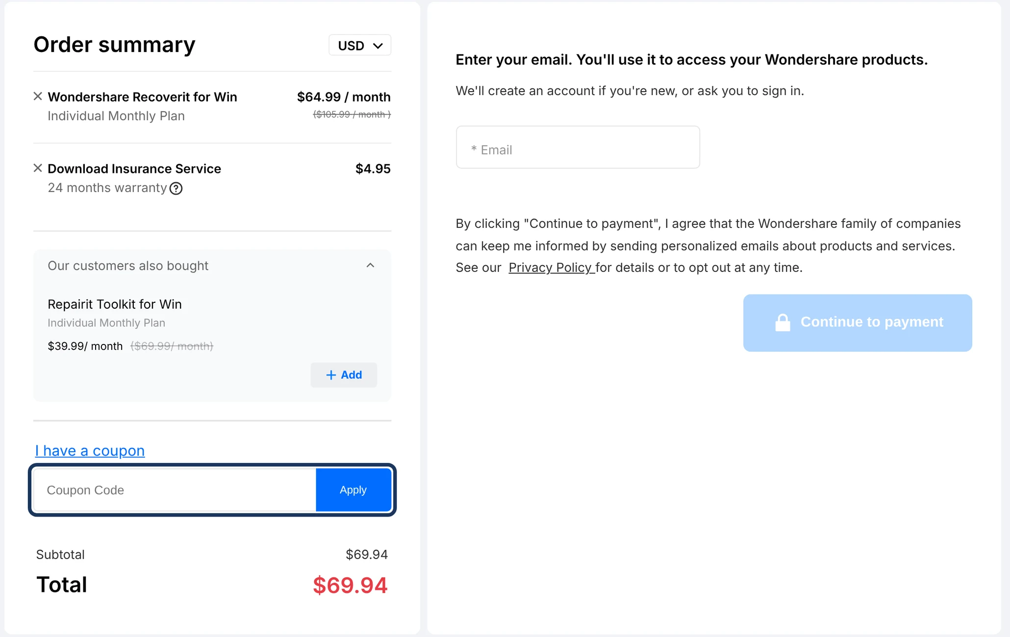 Wondershare checkout order summary with the Coupon Code field and Apply button highlighted