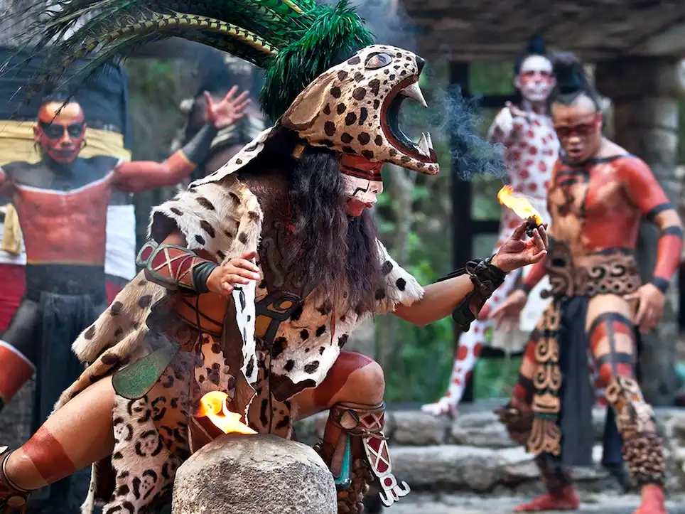 Traditional Mayan cultural performance at Xcaret with dancers in costume