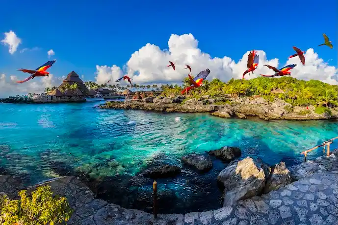 Aerial view of Xcaret park on the Riviera Maya coastline