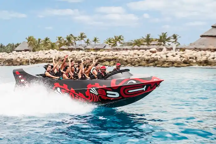 Speedboat activity near Xcaret on the Caribbean Sea