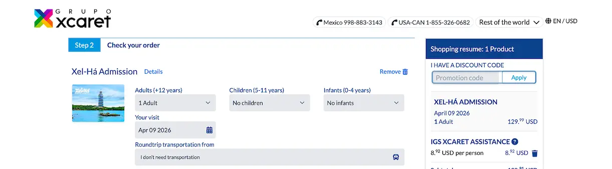 Xel-Há promo code field at checkout