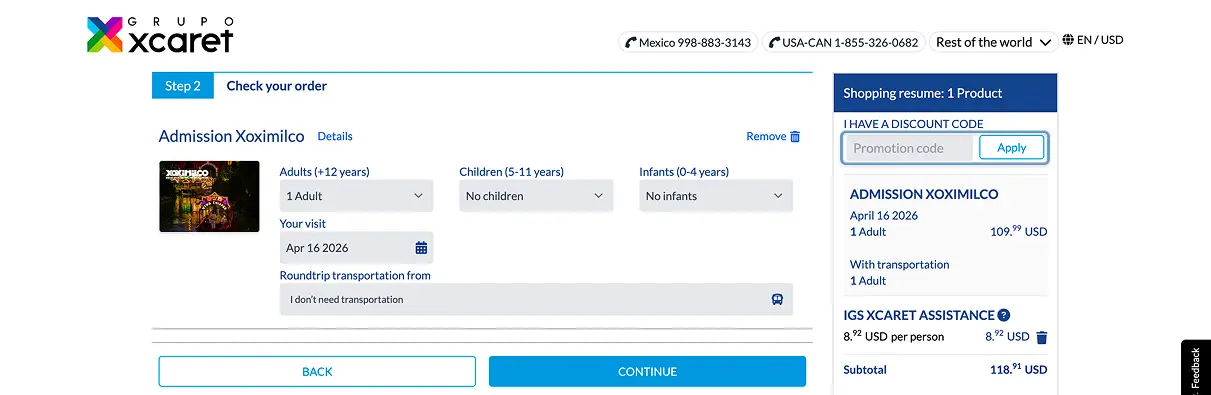 Xoximilco checkout with the “I HAVE A DISCOUNT CODE” section open in the right-hand order summary
